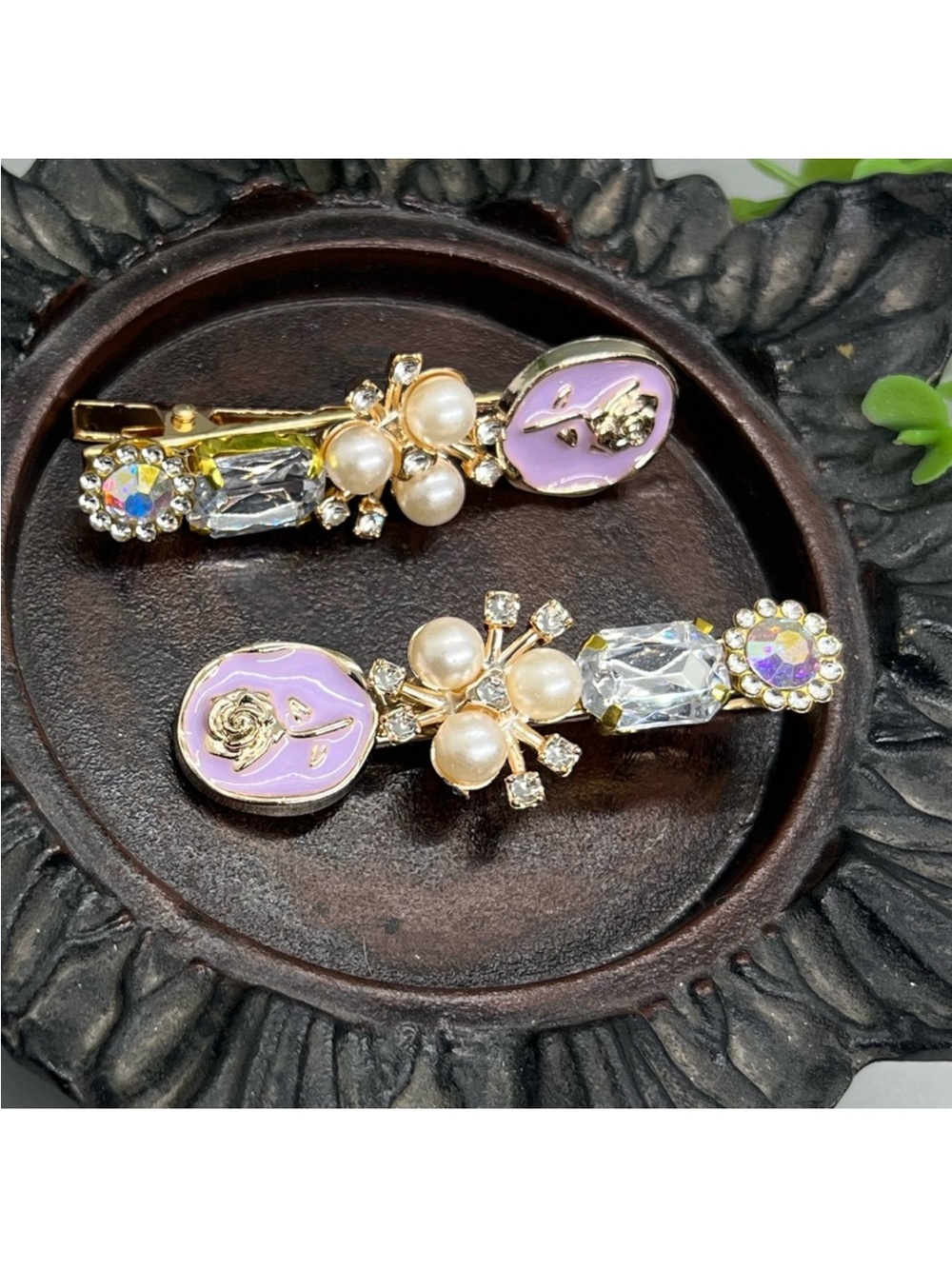 Gold Pearl & Lilac Floral Rhinestone Hair Clips - Set of 2 FINAL PRICE DROP
